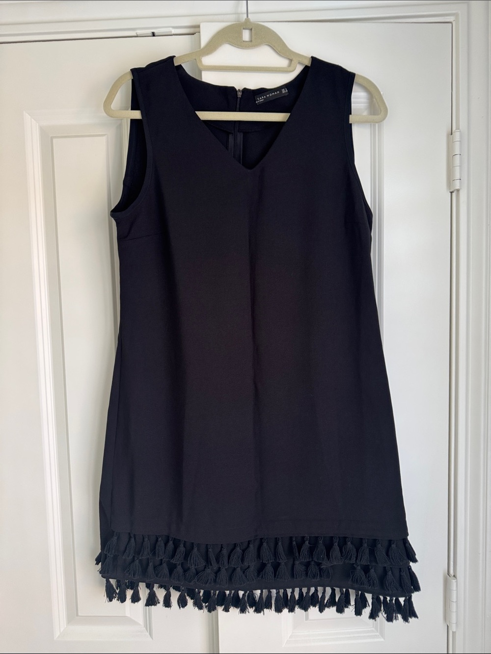 Zara Sleeveless Black Tassel-Hem Dress